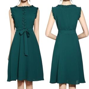 Riwins Teal Sleeveless A-Line Dress with Ribbon Tie